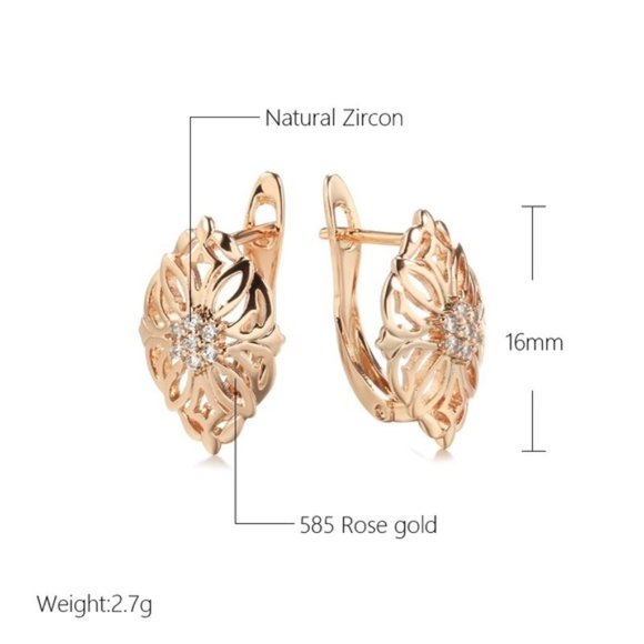 585 Rose Gold Plated Hollow Pattern Natural Zircon Earrings - Picture 6 of 9